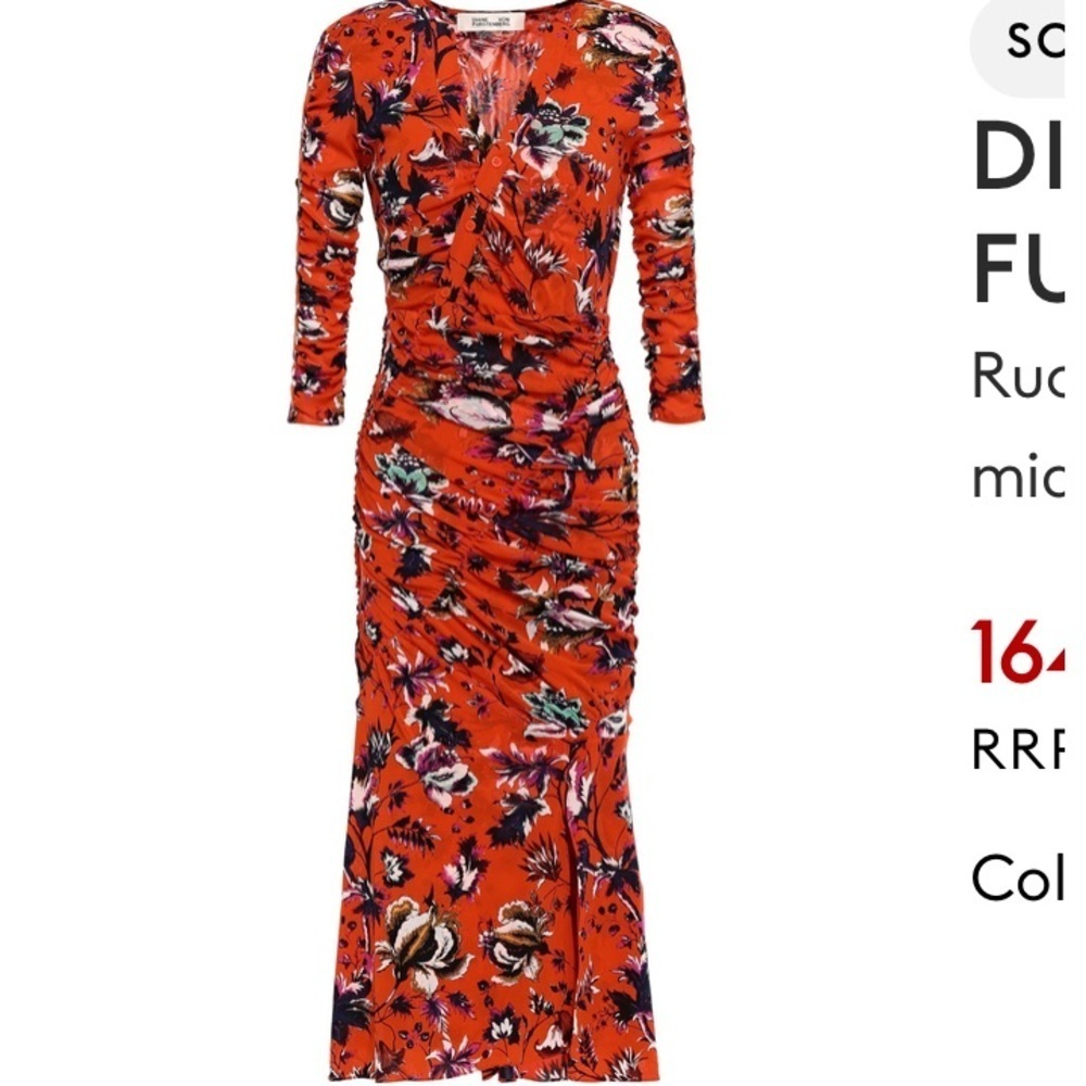 Diane Von Furstenberg Briella Ruched Porcelain Flowers Spicy Orange Dress Small